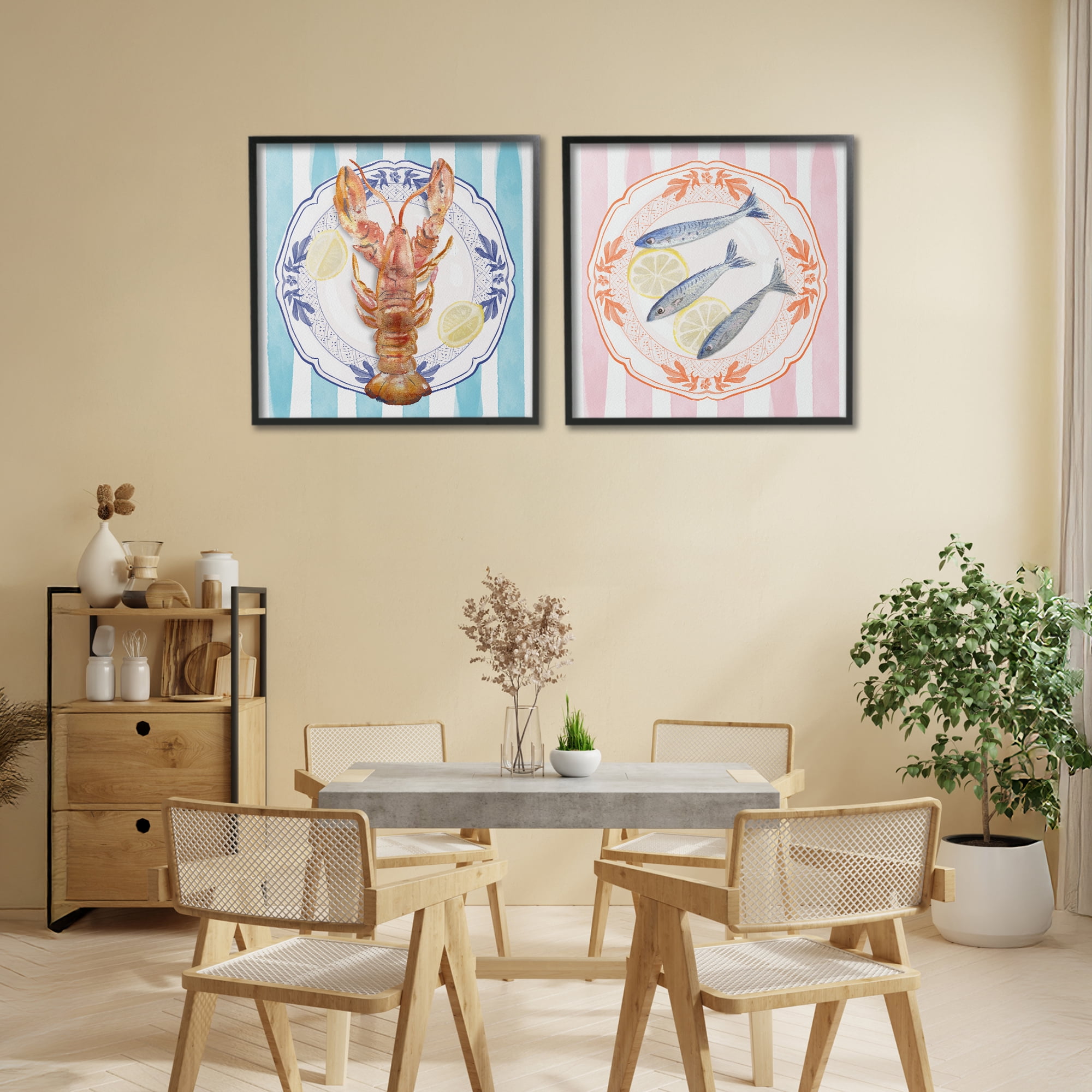 Stupell Industries Lobster & Sardines Plates 2 Piece Black Framed Giclee Art Set, design by Christie Adams