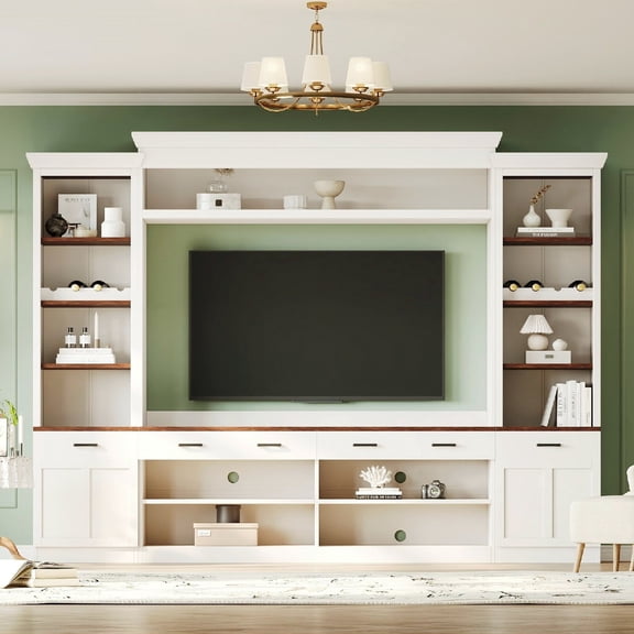 Farmhouse 4-Piece Entertainment Center with Bookshelf for TVs Up to 70", Walnut TV Stand with Adjustable Shelves, Mid-Century Media Console with Wine Rack for Living Room, White