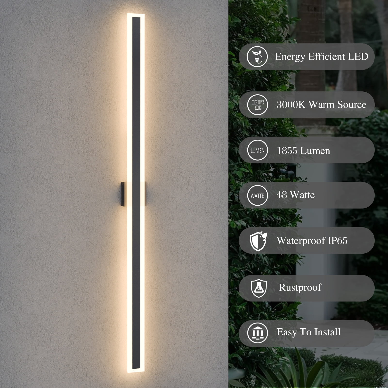 Modern Outdoor Wall Light Exterior Lighting Fixtures LED Linear IP65 Waterproof Wall Lamps Outdoor Wall Sconces Lighting for Porch Patio Garage Yard IP65 Waterproof, 3000K 48W 1855LM, 63 Inch
