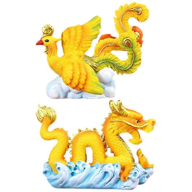 2Pcs Mini Dragon Phoenix Figurine Cake Decoration Animal Dessert Cupcake Topper