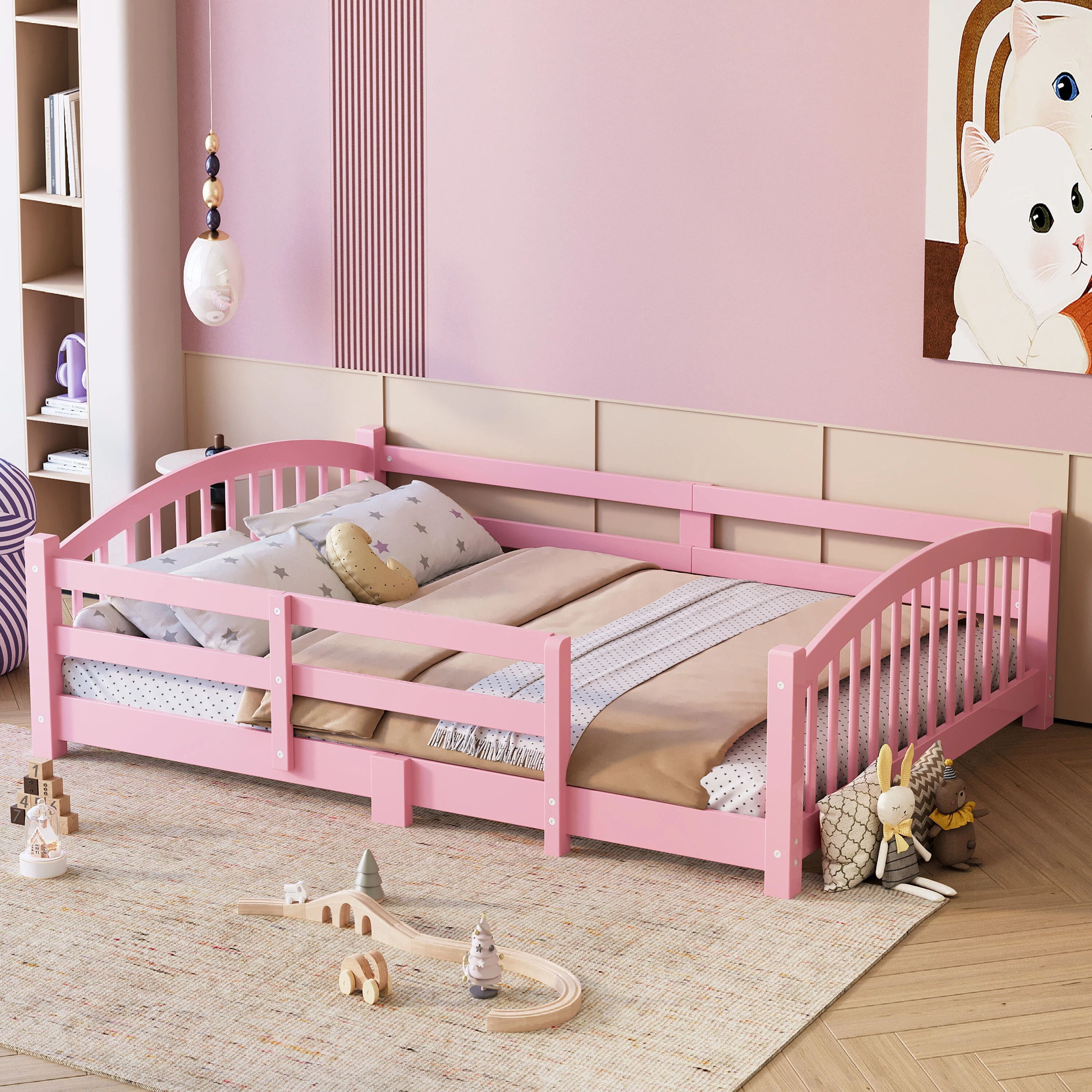 MODERNLUXE Full Floor Bed with Slats and Safety Guardrails, Montessori Floor Bed with Fence and 1 Opening,Solid Wood Full Size Bed Frame for Girls and Boys, Pink