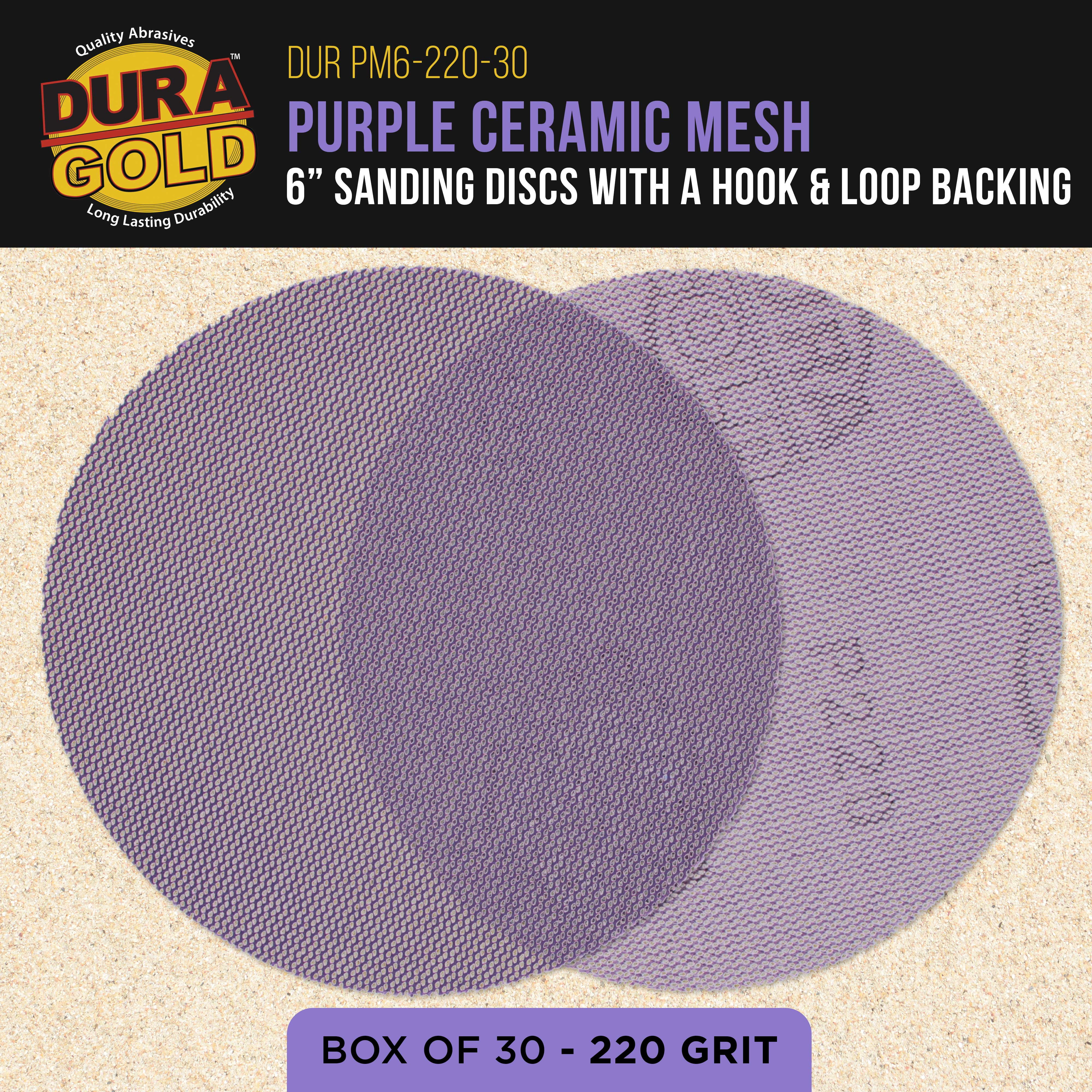 Dura-Gold Premium 220 Grit 6" Purple Ceramic Mesh Sanding Discs, Box of 30 - Dustless Hook & Loop Backing Sandpaper for DA & Random Orbital Sanders - Long-Lasting Fast Cut - Woodworking, Auto Paint