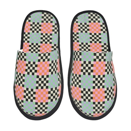 Balery Colorful Checkered Slient Indoor Furry Fleece Comfort House Shoes Soft Non-Slip Home Shoes Cotton slippers House Slippers-- Medium