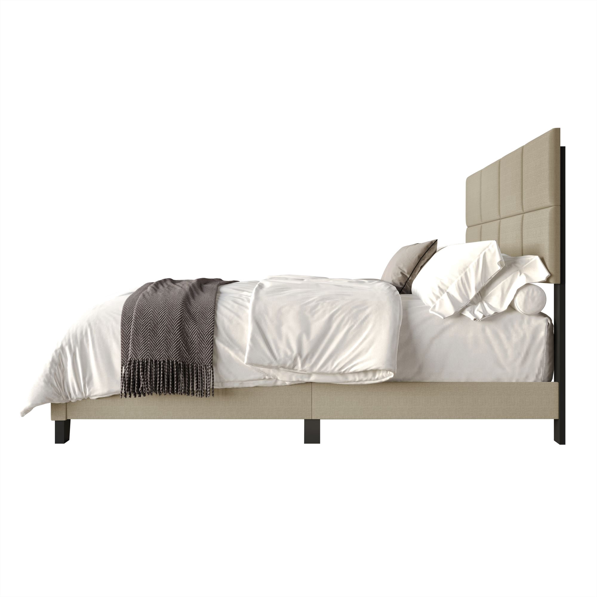 Home Design Lufkin Full Upholstered Panel Bed Frame with Checkered Tufted Headboard & Foam-Filled Comfort, Beige, Easy Assembly