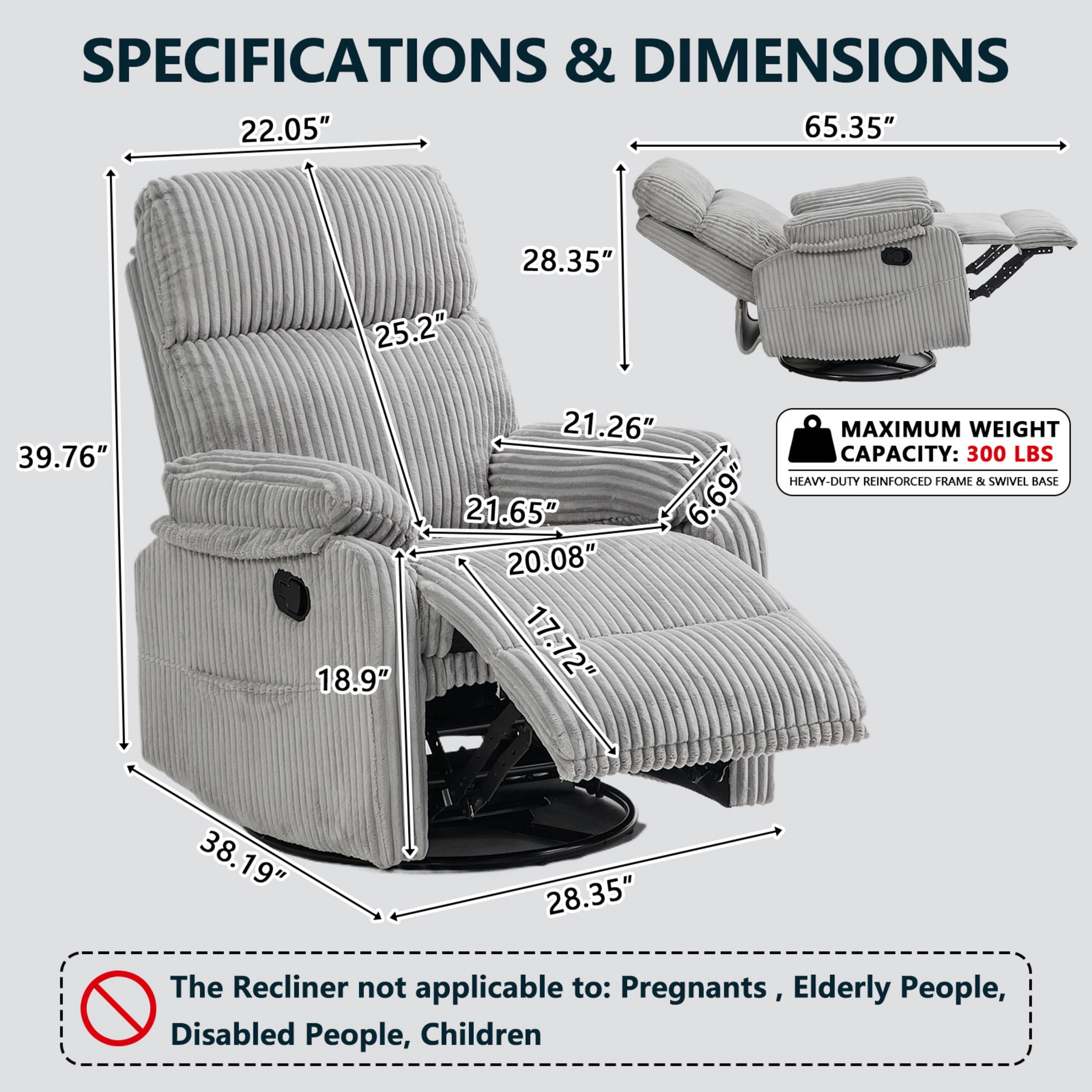 GDF Studio Louisa Compact Rocking Recliner for Nursery & Small Spaces, Modern Corduroy 360° Swivel Chair, Light Gray