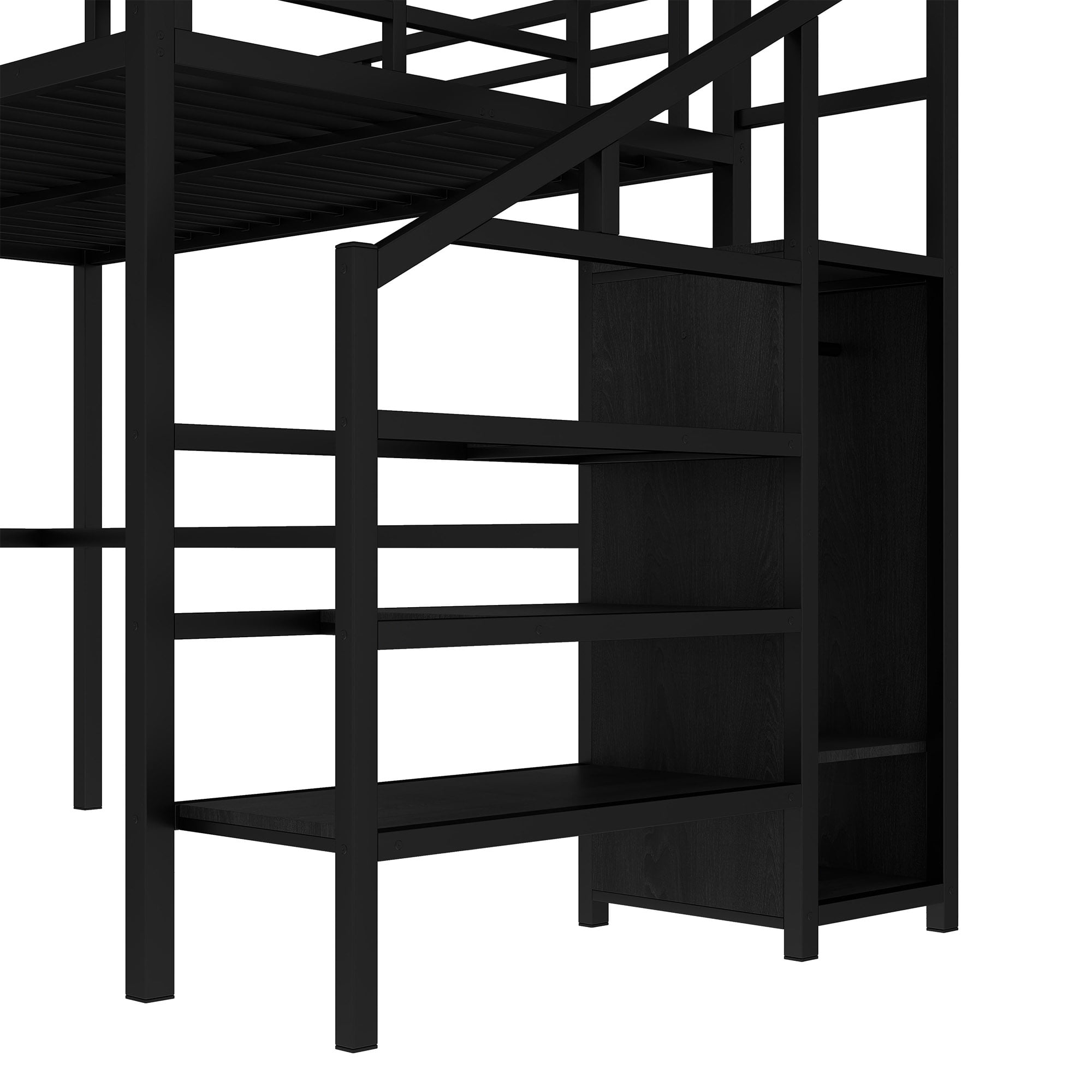 Aukfa Full Size Loft Bed with L-Shaped Gaming Desk, Wardrobe, USB Ports & RGB Lights, Metal Loft Bed for Kids, Teens & Adults, Black
