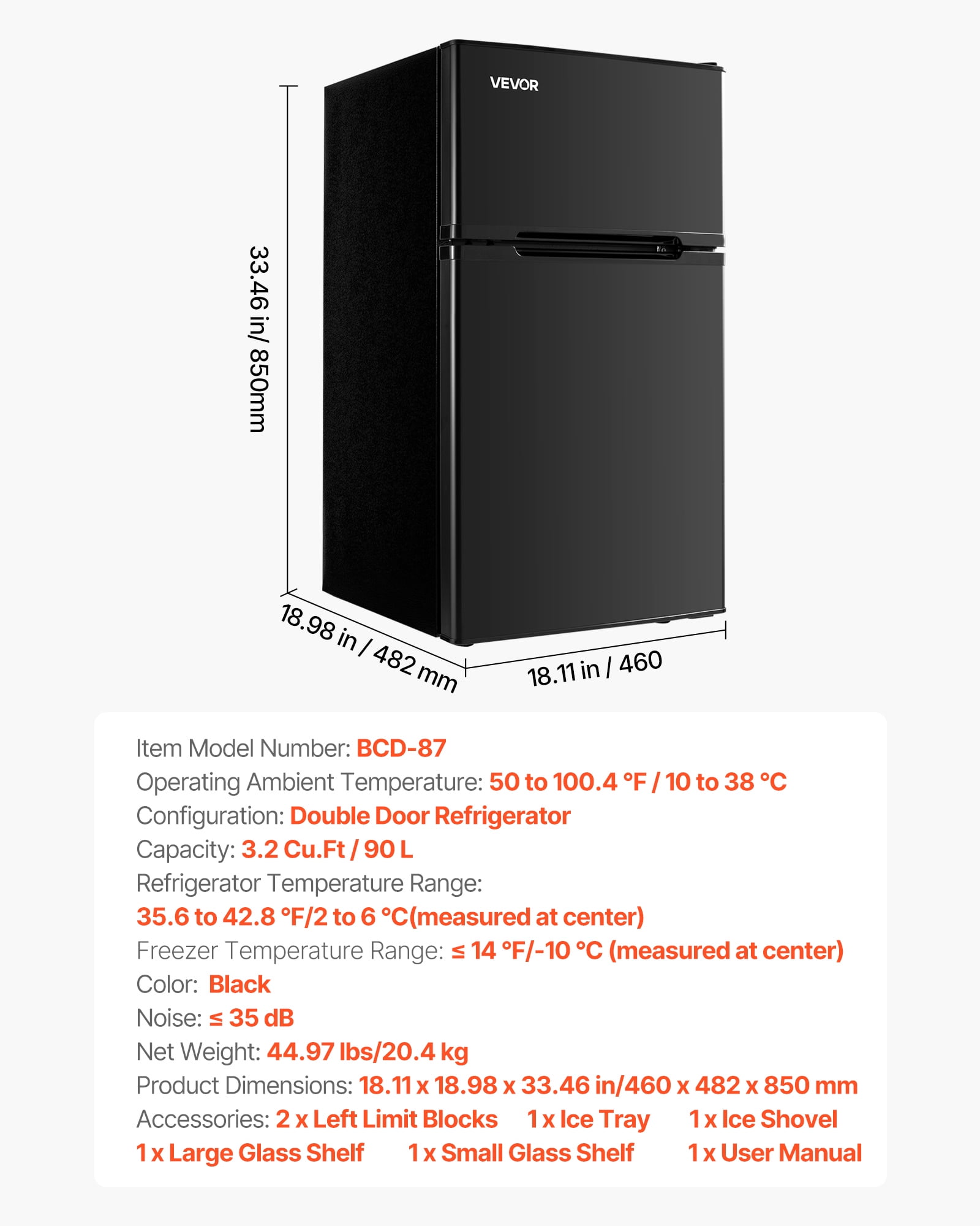 VEVOR Mini Fridge with Freezer, 3.2 Cu.Ft, Two Door Compact Refrigerator, Adjustable Temperature, Shelf, Energy Efficient Small Fridge, Reversible Door, Low Noise, for Bedroom, Dorm, Office, Black