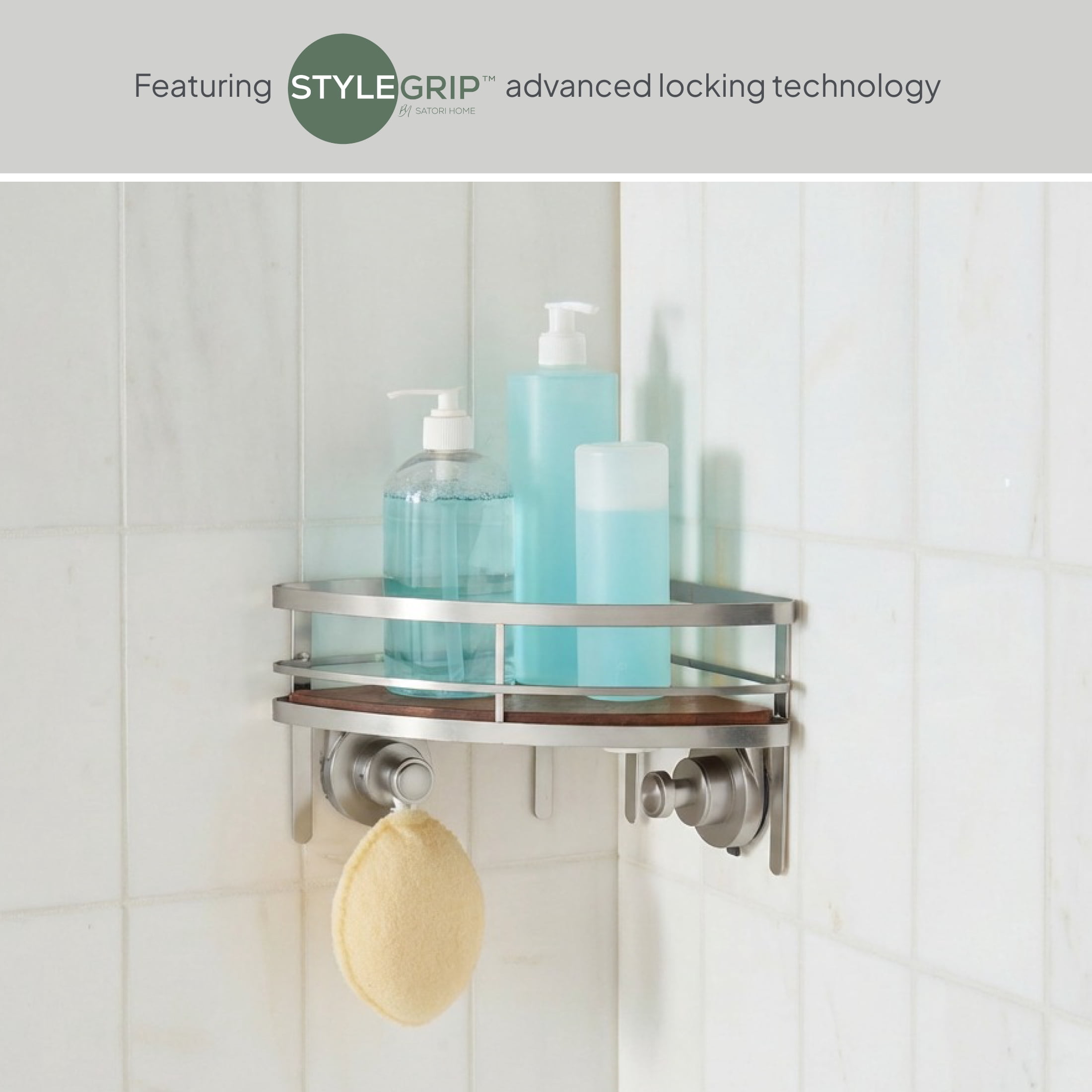 Better Homes & Gardens StyleGrip Corner Suction Mount Shower Caddy with Acacia Wood Tray, Satin Nickel