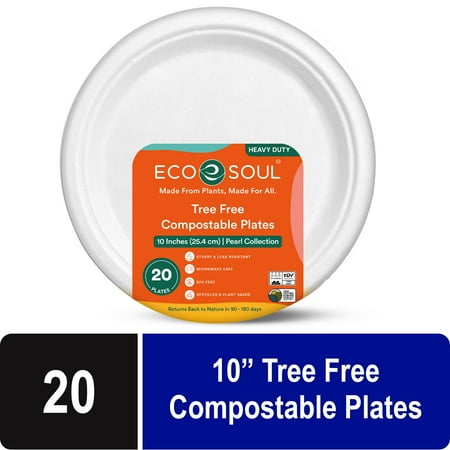 ECO SOUL Tree-Free Compostable Disposable Dinner Plates 10", Round Pearl White 20 Count