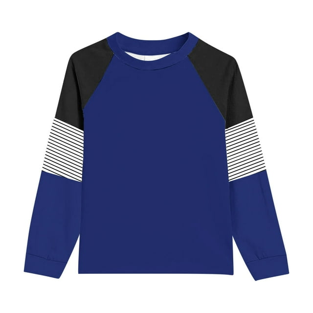 Girl Fall Blouses Casual Big Long Sleeve Striped Color Block With Pockets Blue Casual Fall Tops for 5-6 Years