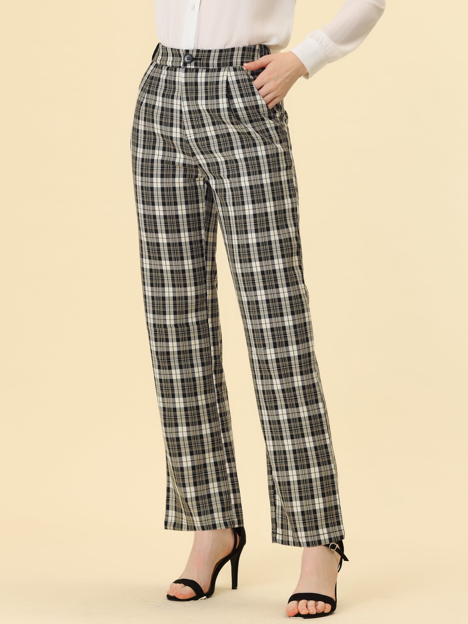 DARING DIVA Women's Plaid Trousers Pockets Straight Leg Casual Pant L Black Beige
