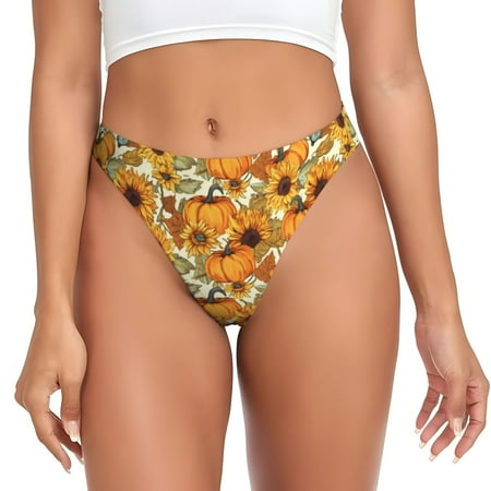 Qokaie Pumpkins And Sunflowers A Printed Women s Cotton Thong Underwear  Sexy Breathable Panties G-string-Large