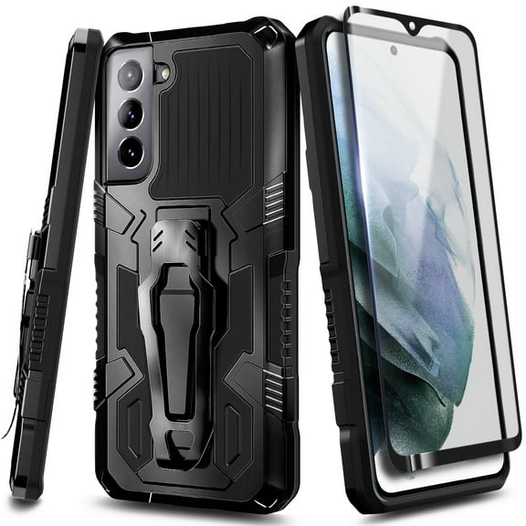 Nagebee Case for Samsung Galaxy S21 Plus with Screen Protector (Soft Full Coverage), Belt Clip [Built-in Kickstand], Dual Layer Full Body Shockproof Protective Rugged Defender Case (Black)