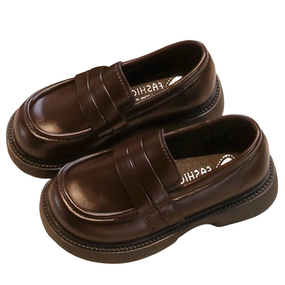 Floleo Girls' Classic British Slip On Loafer Shoes, Smooth Faux Leather Thick Anti Slip Sole Kids Uniform Daily Dress Footwear(Brown,9-9.5 Years)
