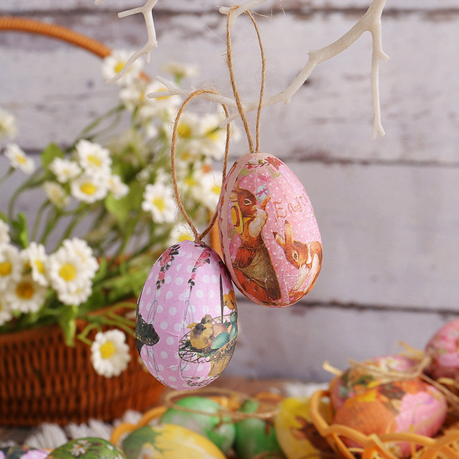 6pcs Hanging Plastic Easter Eggs with Basket Easter Tree Decorations Ornaments Hanging Easter Eggs, Hand Painted Eggs Easter Ornaments for Tree Basket DIY Crafts Easter Party Favors
