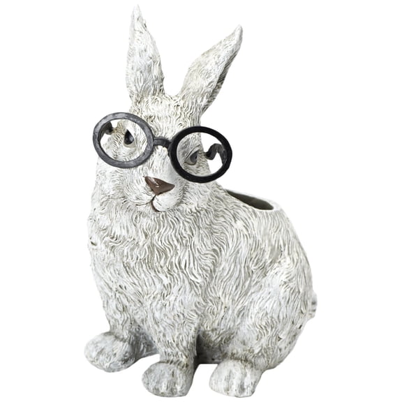 Roman White Bunny Rabbit with Spectacles 11 inch Stoneware Garden Statue Planter Pot
