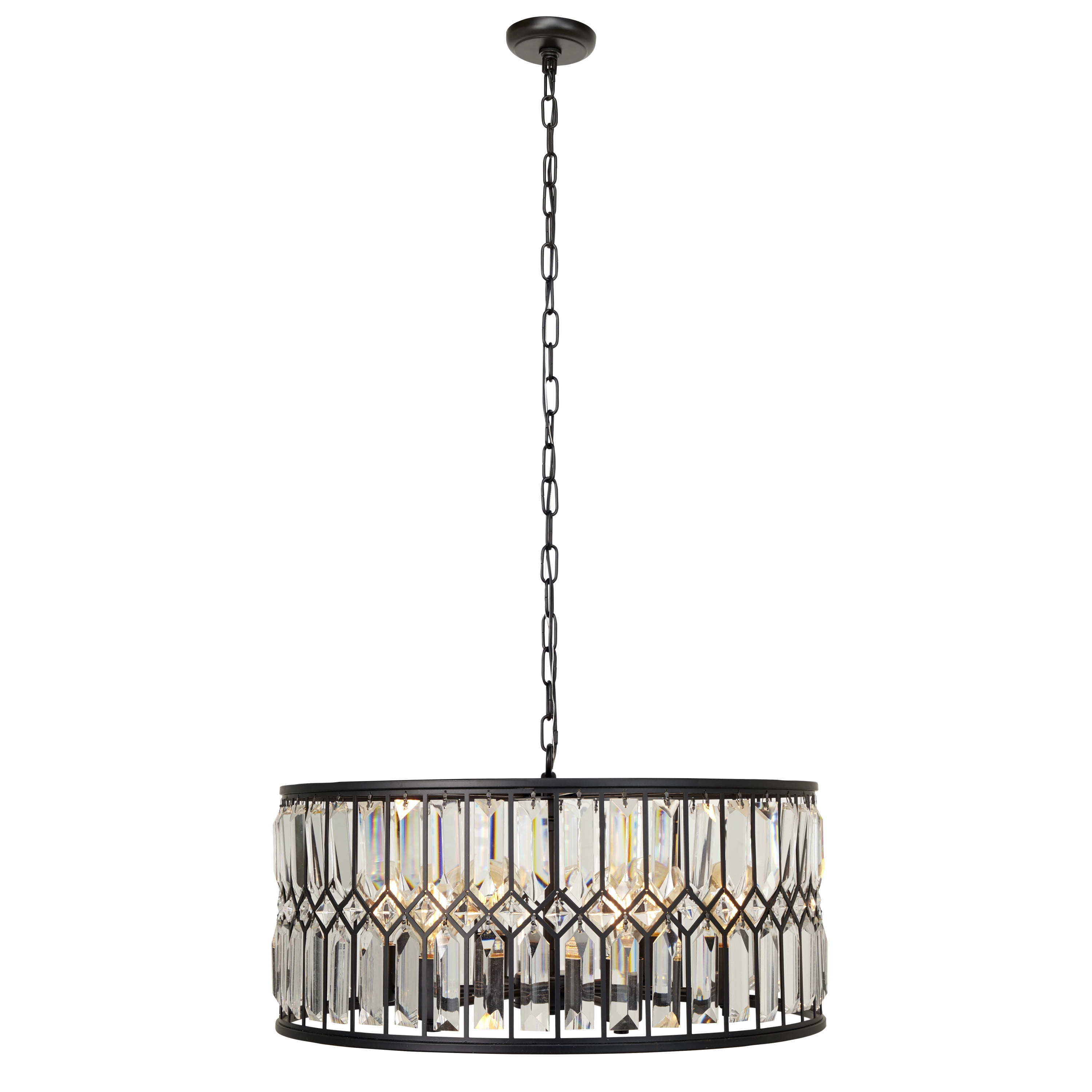 Decmode Large, Round Black Metal and Beveled Glass Chandelier with