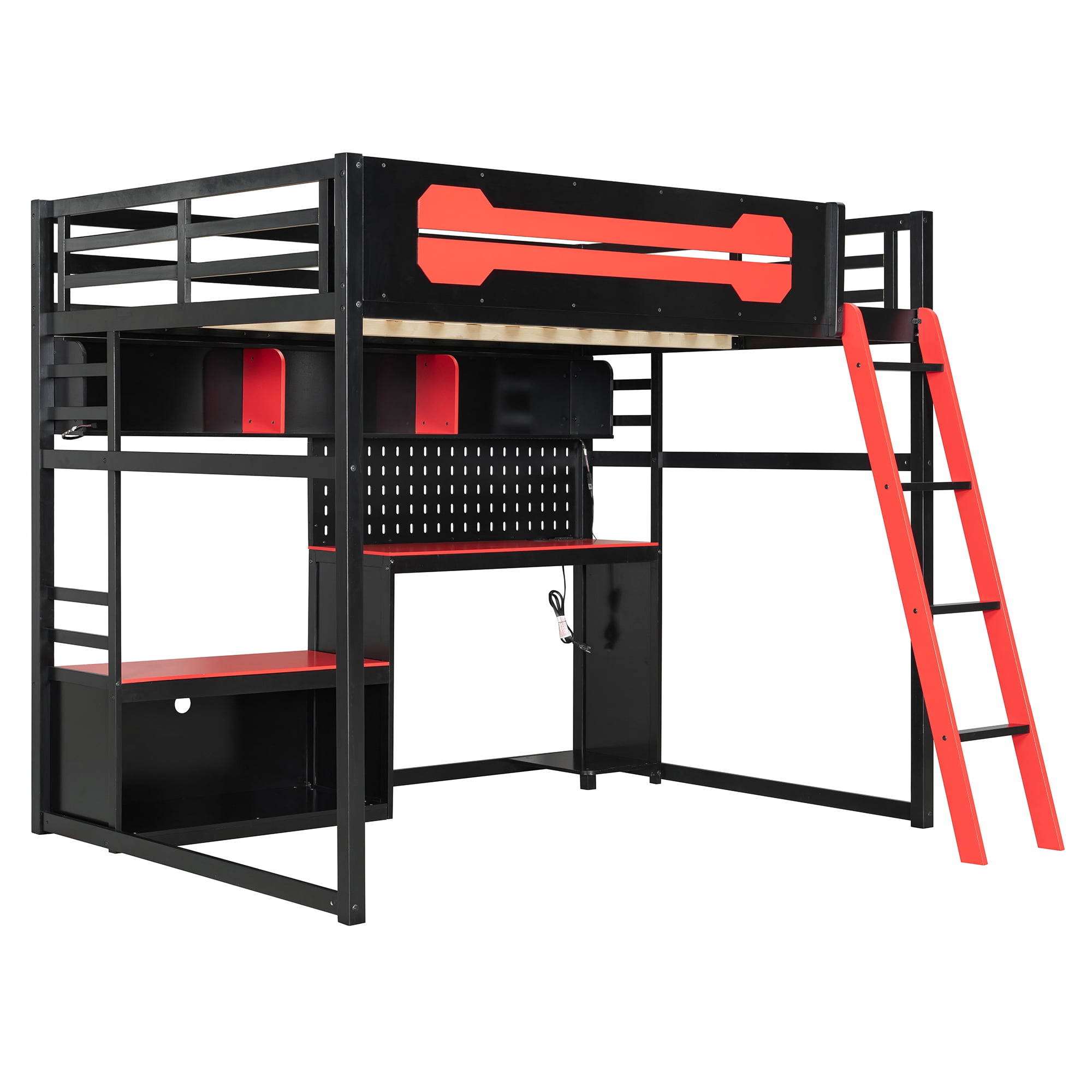 Mintazer Full Size Gaming Loft Bed with LED Lights, Charging Station, Desk, Pegboard and Storage Shelves for Boys Girls, Black & Red