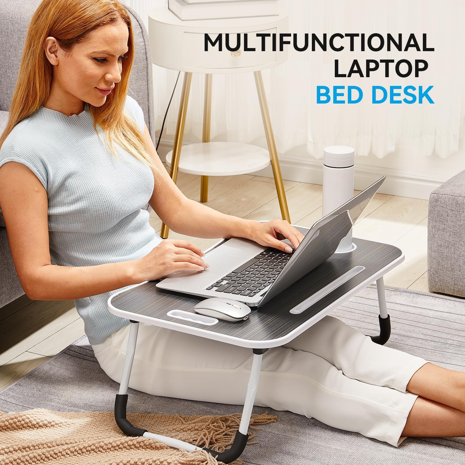 Folding Lap Desk, 23 Inch Portable Wood Black Laptop Bed Desk Lap Desk with Cup Holder, for Working Reading Writing, Eating, Watching Movies for Bed Sofa Couch Floor