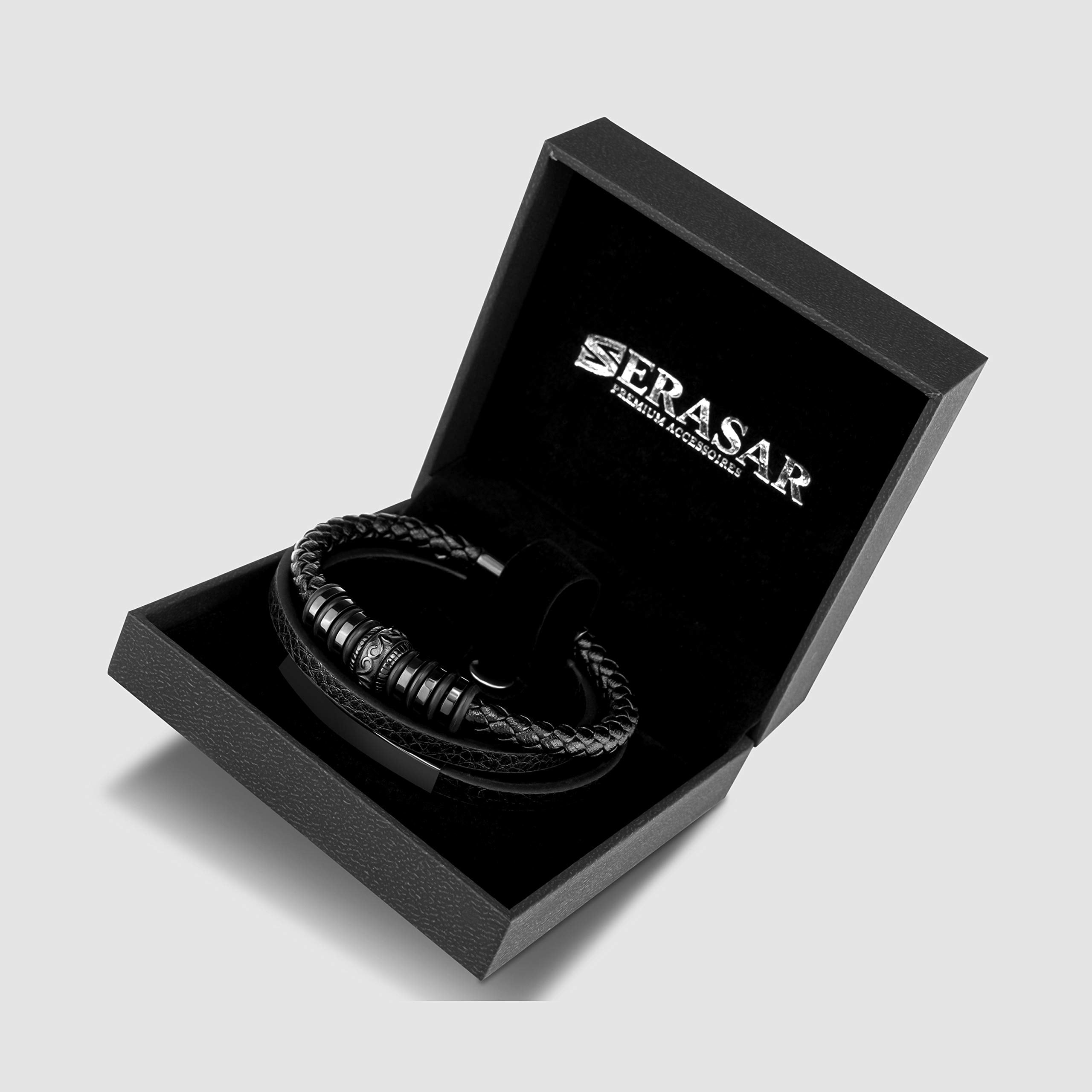 SERASAR Leather Bracelet for Men "Shine" with stainless steel magnetic closure, Black 23cm, including gift box