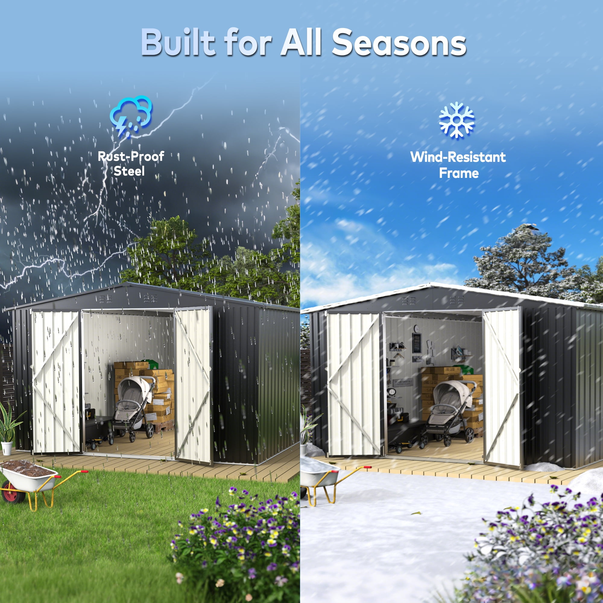 EasyHawk 14 ft x 12 ft Heavy-Duty Steel Metal Outdoor Storage Shed with Lockable Doors, Garden Shed for Backyard