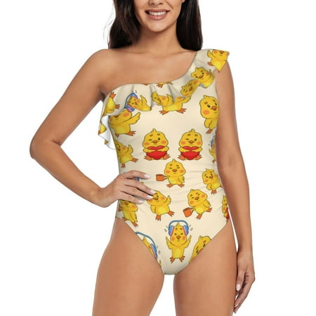 Lukts Cute Chicken Women One Piece Swimsuits Tummy Control One Shoulder Bathing Suits Ruffle Swimwear-Medium