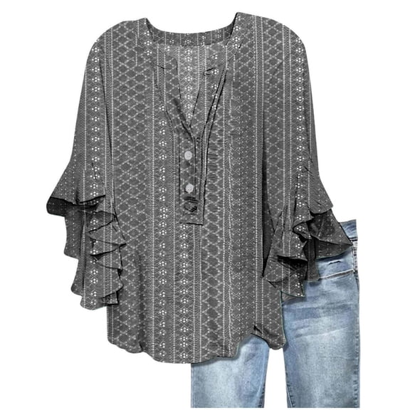 T Shirts For Women Womens Tops V Neck Tie Button Hollow Fabric Ruffled Sleeves Loose Casual Breathable Short Sleeves