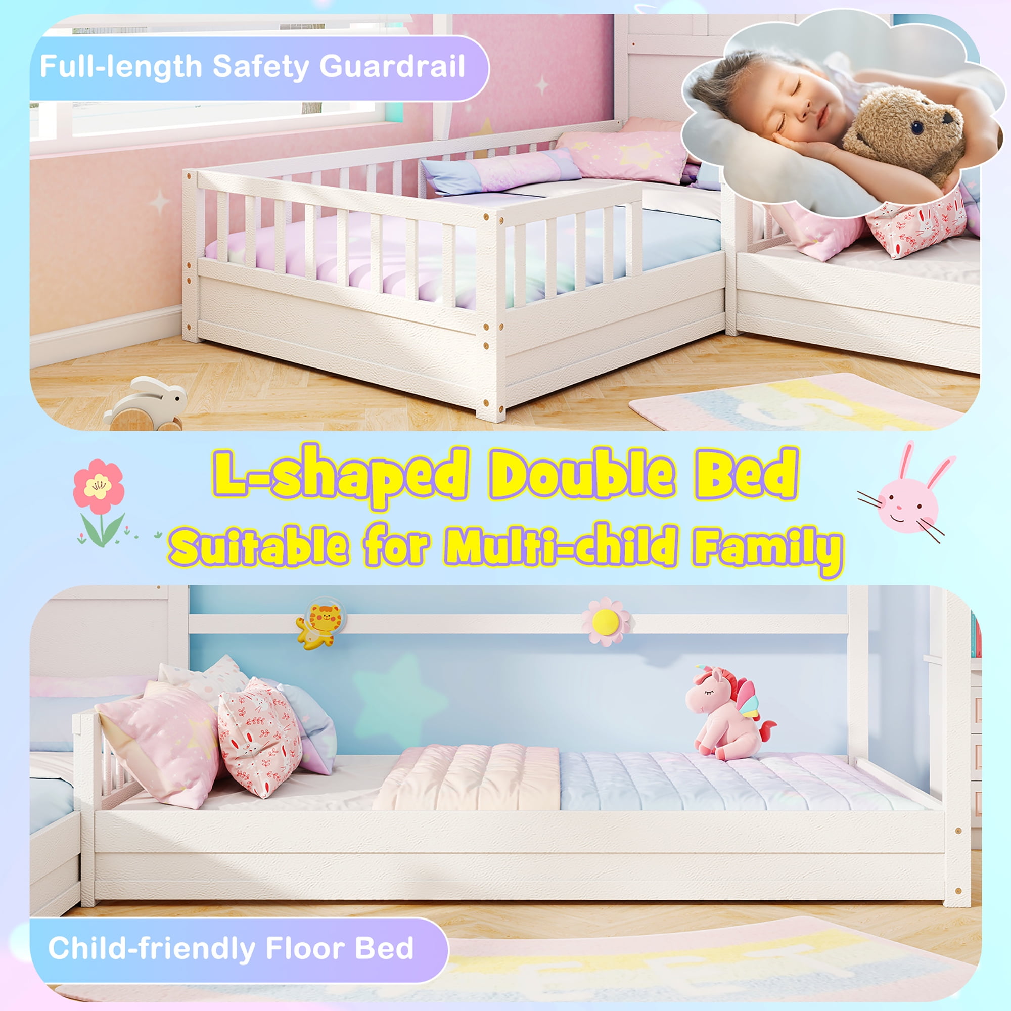Gymax L-shaped Double Twin Beds House Platform Beds w/ Window & Fences ray White