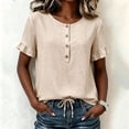 thumbnail image 2 of ClodeEU Women's Crew Neck Short Sleeve Henley Blouse,Casual Solid Color Linen Blend Top Beige,Women's Plus L, 2 of 8