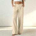thumbnail image 2 of Women's Cotton Linen Wide Leg Pants Summer Casual Button up High Waisted Loose Trousers with Pockets by Yigetop Beige L, 2 of 7