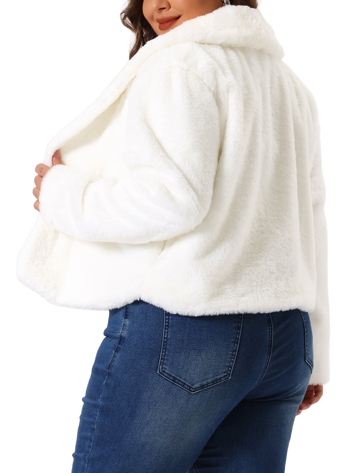 DARING DIVA Women's Plus Size Cropped Lapel Long Sleeve Faux Fur Fluffy Coat 1X White
