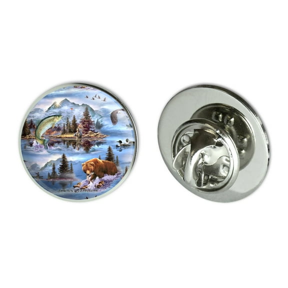 Mountain Fly Fishing Bear Stream Lake Fish Metal 0.75" Lapel Hat Pin Tie Tack Pinback