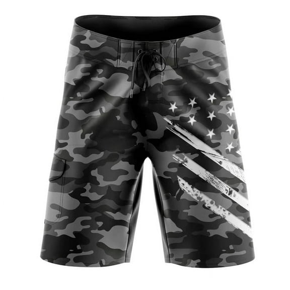 Men's Black Camo White Crest Board Shorts, Decorated in The USA