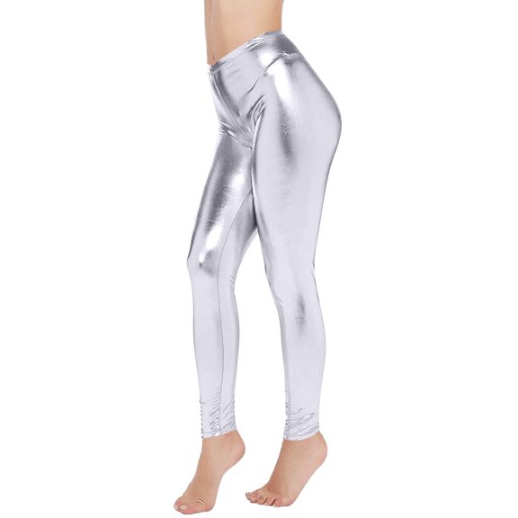 dgysar Women's Sparkle Workout Capris, High Waist & Glittery Fabric, Eye-Catching for Fitness Classes or Festivals, Perfect for Dance, Performances, or Party. Silver 2XL