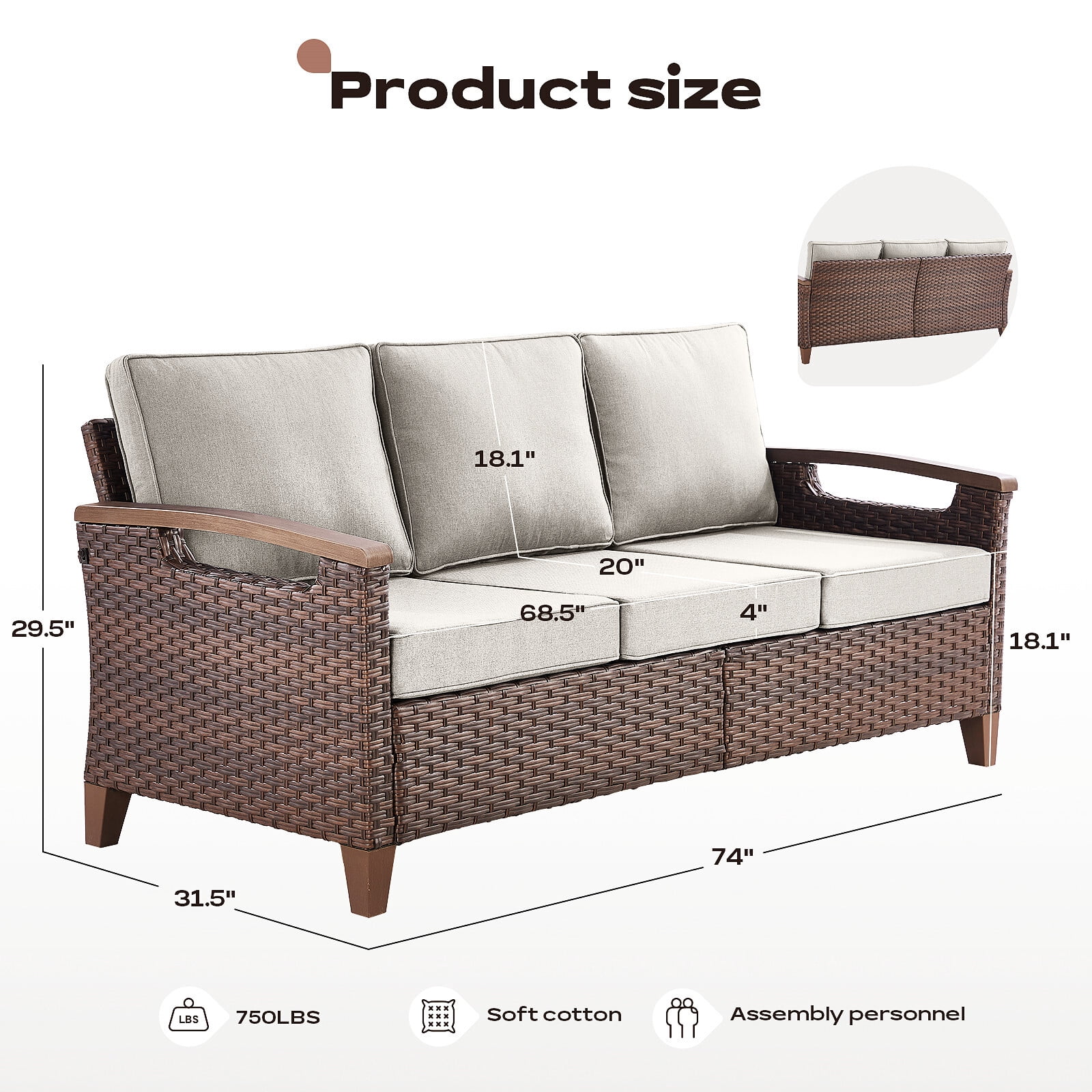 Bellefurn Wicker Patio Sofa Outdoor Couch,Patio 3 Seater Sofa Outdoor Rattan Furniture Sofa with Non-Slip Thick Cushions for Outdoor,Garden,Lawn,Backyard