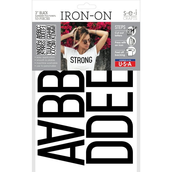 SEI 3-inch Slender Polyvinyl Heat Transfer Iron-on Letters, Black