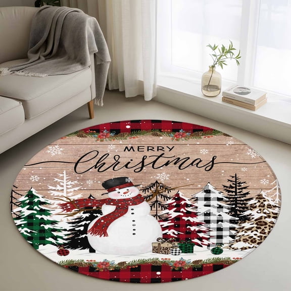 Christmas Round Area Rug 4 FT, Non Slip Indoor Outdoor Rug, Vintage Red Plaid Tree Xmas Snowman Washable Soft Circular Carpet Non-Shedding Floor Mat for Coffee Table Nursery Foyer Balcony