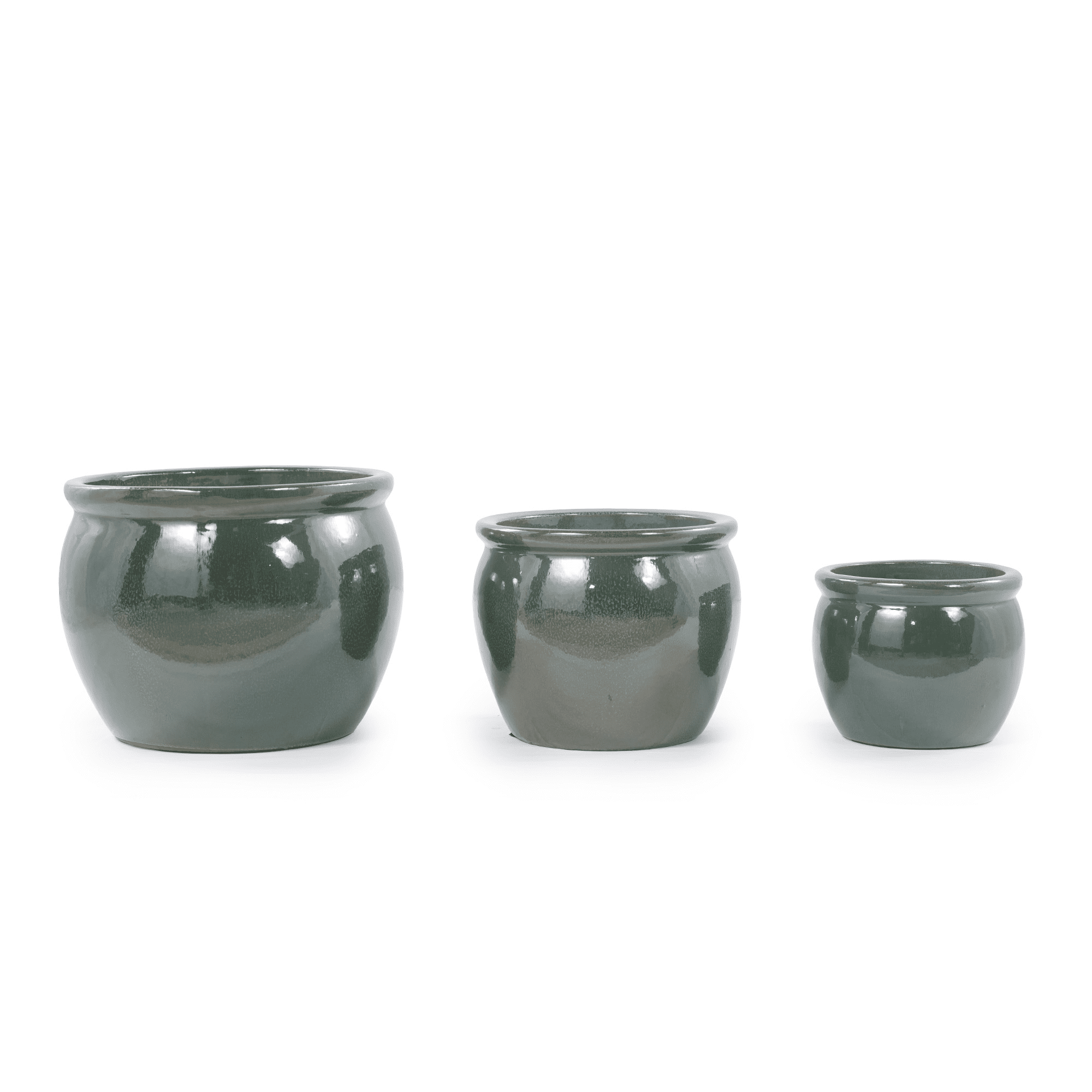 mdj pottery Ceramic Plant Pots, 9+11+15 Inches, Set of 3, Drum Shaped Flower Pots with Drainage Hole, Single-Sided Glazed Breathable Planters for Indoor/Outdoor Plants, Dark Green
