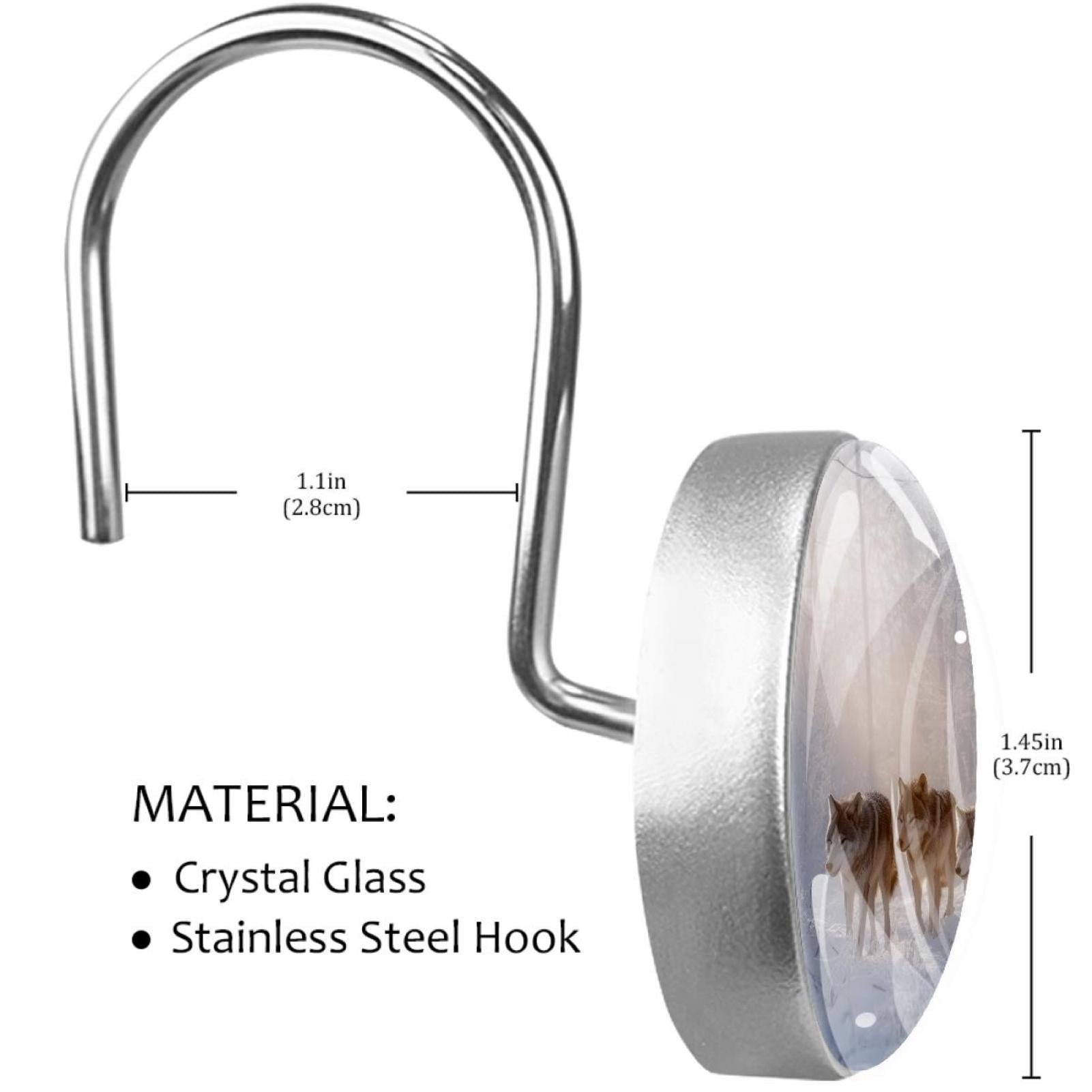 Wolves on Cold Forest Shower Curtain Hooks Round Crystal Glass, Set of 12 Shower Curtain Rings - Shower Hooks for Curtain Shower Rings