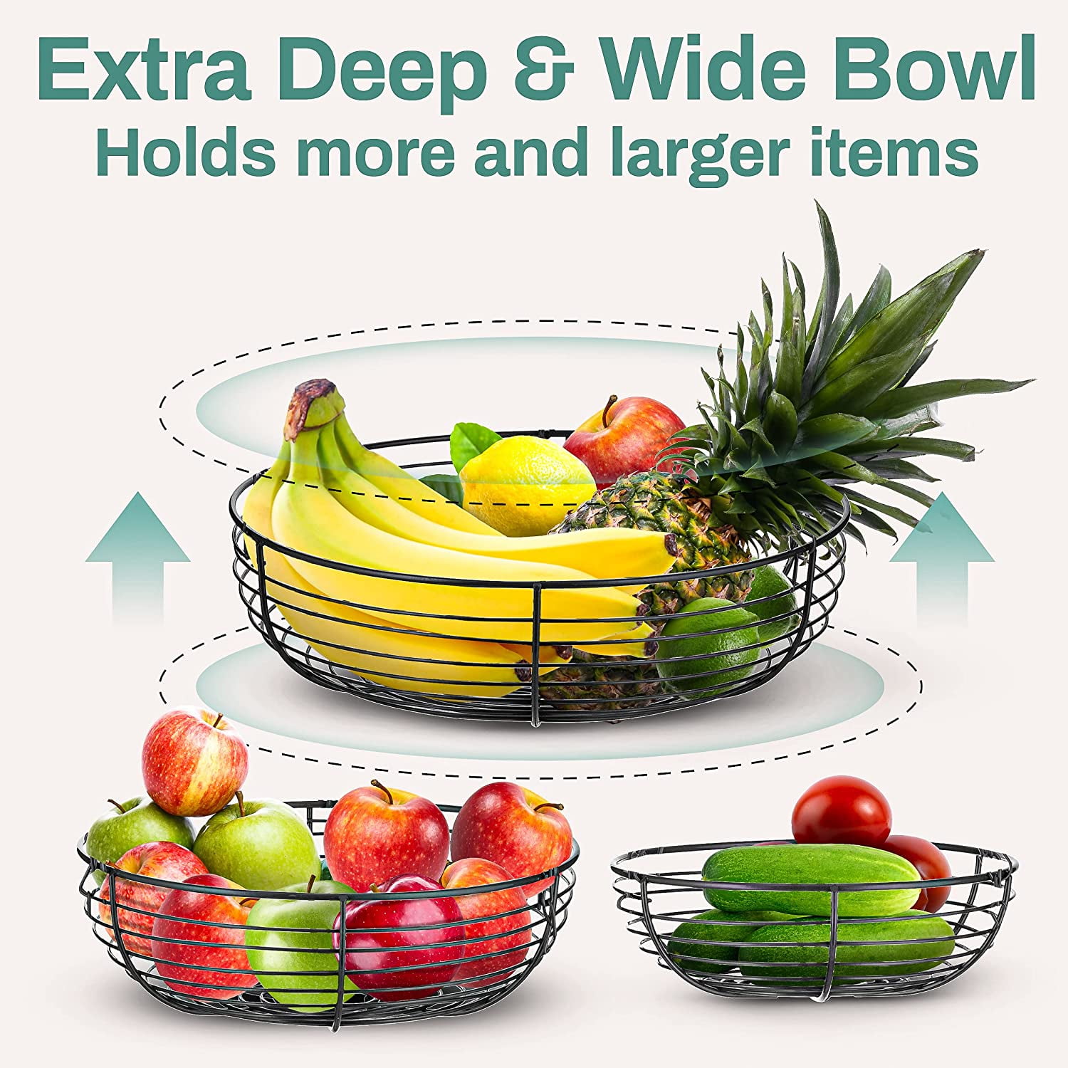 Heavy Duty 3-Tier Hanging Fruit and Vegetable Basket with 2 Metal Ceiling Hooks, Chrome