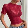 thumbnail image 3 of TKLPEHG Womens Summer Tops Half High Collar Lace Splicing Thin Top Leisure Solid Color Graphic Tee Short Sleeve Blouses Fashion Lightweight Regular Blouses (Red,M), 3 of 9