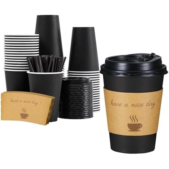 50 Pack 12 oz Disposable Paper Coffee Cups with Lids, To Go Hot Beverage Cups