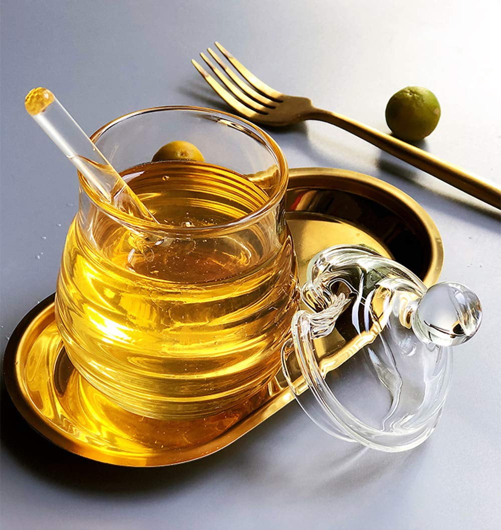 300ml Mixing Spoons Honey Dispenser Honey Pot with Dipper, Glass Jar Pot Jar Syrup s Glass for Restaurant Kitchen Home Decoration Storage Containers