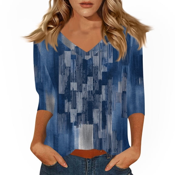 Women's T Shirt Print 3/4 Sleeve Daily Weekend Fashion Basic V- Neck Regular Top Blue L