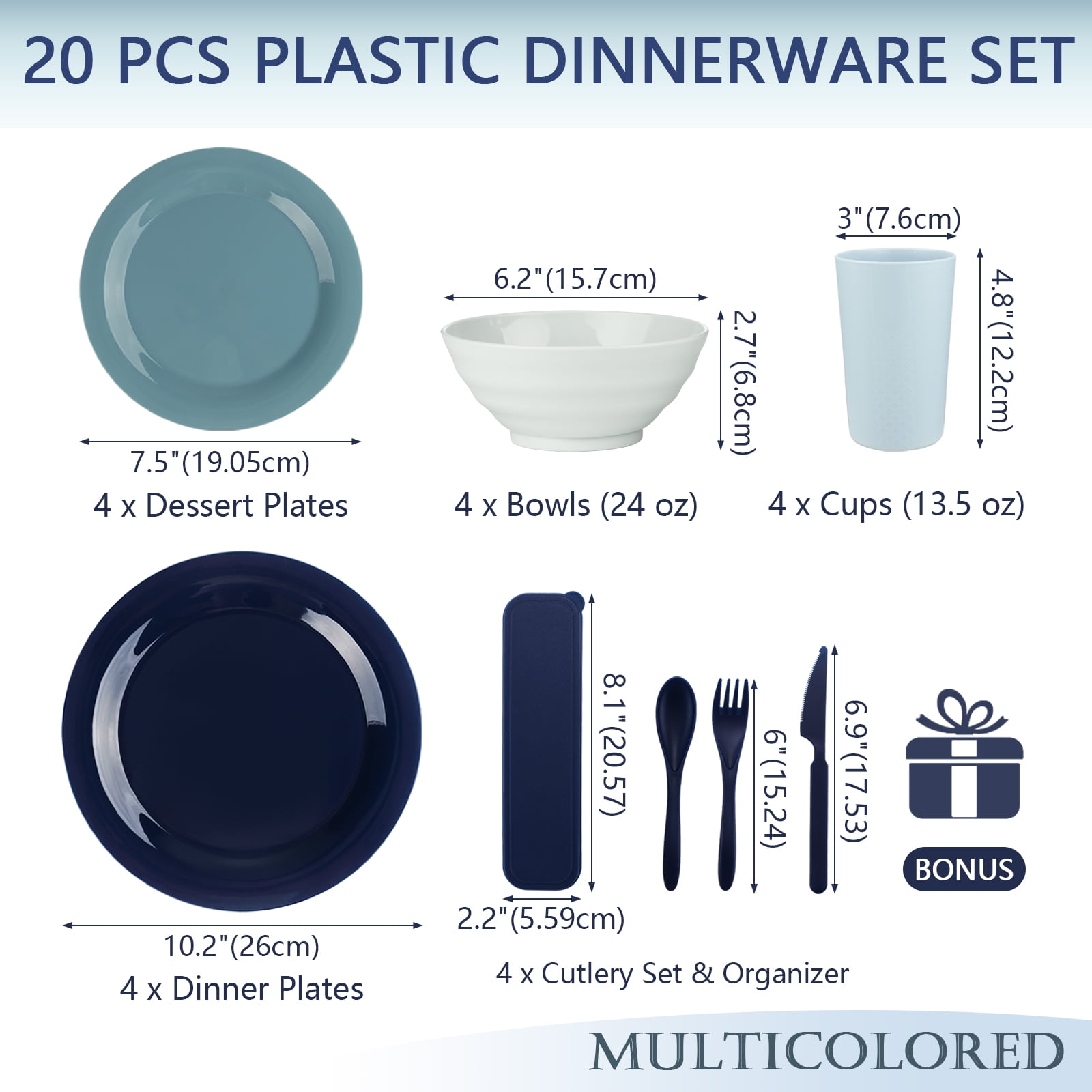 Mirdinner Unbreakable Plastic Dinnerware Sets for 4 (20pcs), Reusable Lightweight Plates Cups and Bowls with Cutlery Set, for Home & Camping Party, Great for Kids & Adult, Dishwasher Microwave Safe