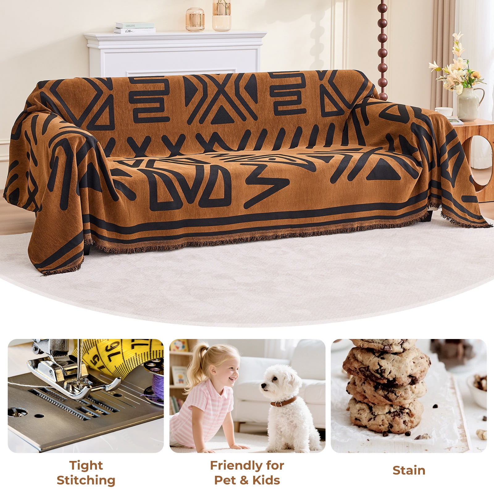 Sanmadrola Boho Sofa Cover Chenille Couch Covers Blanket Furniture Protector for Sectional Sofa, Anti Slip Couch Covers for 2 Cushion Couch, Washable Slipcover for Dog (Dark Brown, 71"x102")