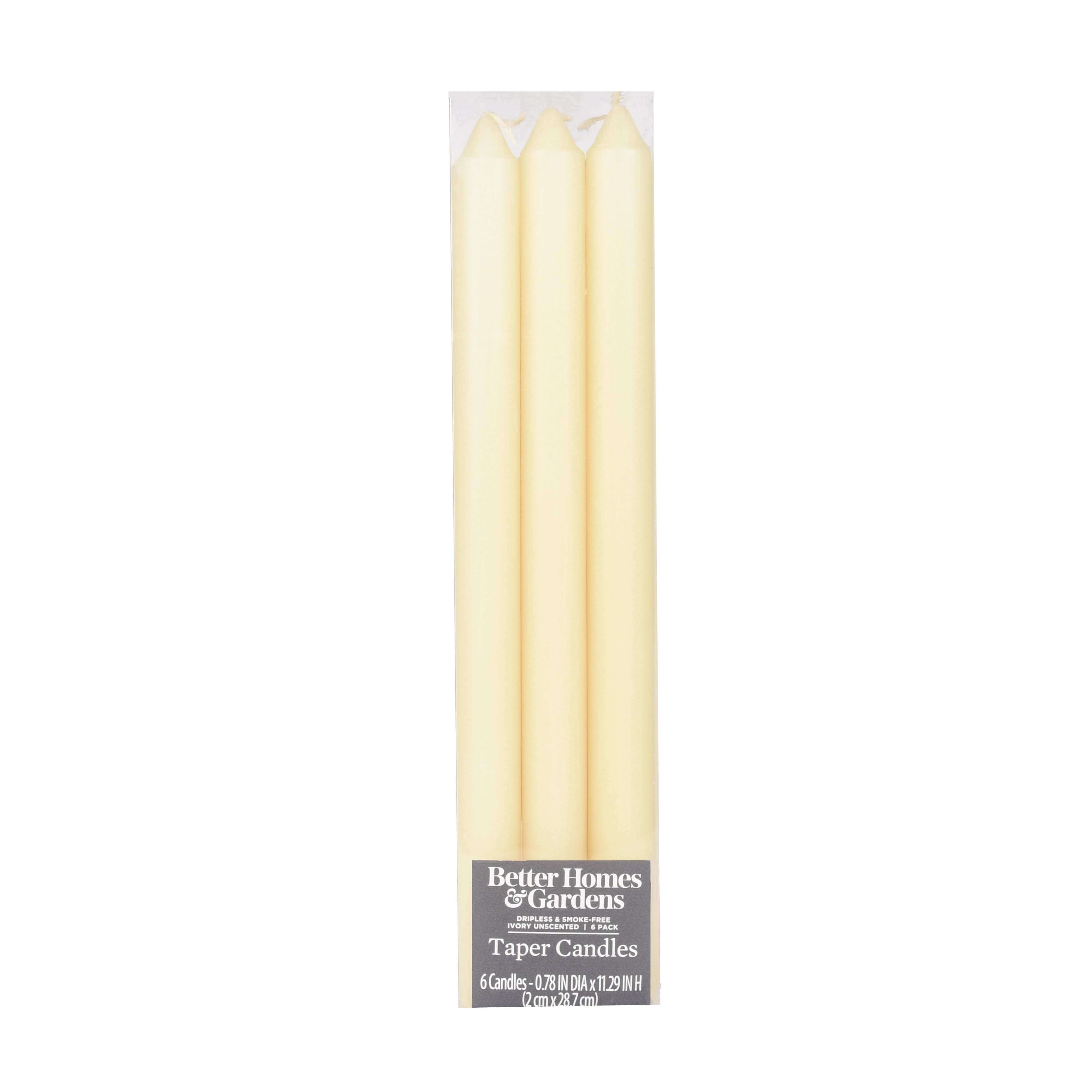 Better Homes & Gardens, Ivory Unscented Indoor Set of 6, 12' Taper Candles, Burn Time of 12 Hours, 6 Pieces