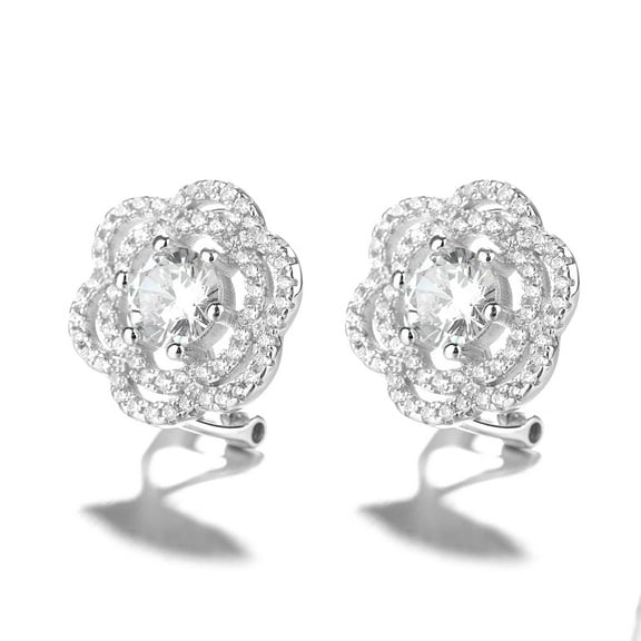 Sterling Silver Omega Flower Stud Earrings With Crystals