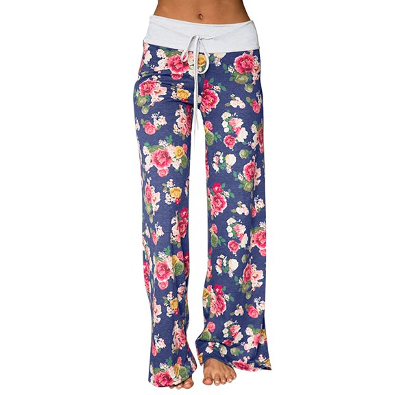 Womens Pants Comfy Casual Pajama Floral Print Drawstring Lounge Wide Leg Pants Women