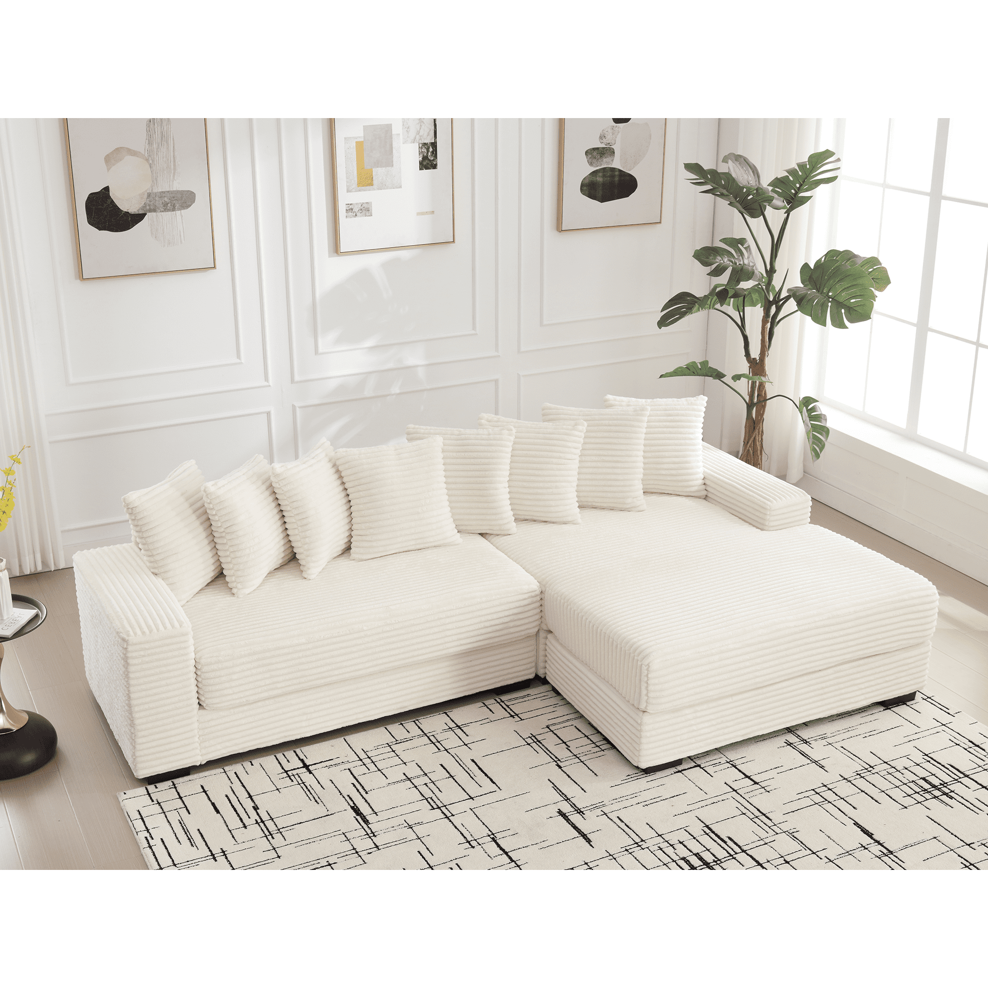 AISWORD 111" Oversized 3-Seat L-Shaped Sectional Sofa with Left Chaise, Luxury Corduroy Fabric Modular Couch with 8 Throw Pillows, Easy Assembly for Living Room